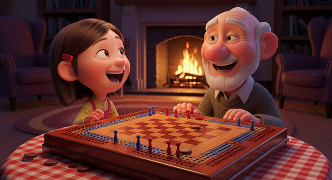 Grandfather and granddaughter playing cribbage board game by fire