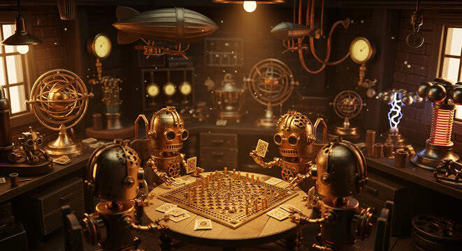 Steampunk robots playing a game of cribbage in a workshop