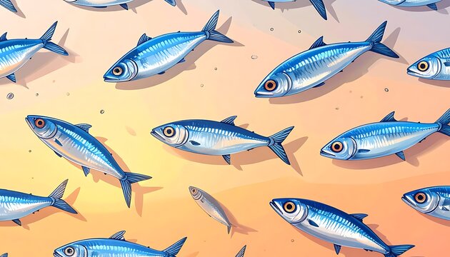 Pixel art pattern of many small silver fish swimming on a warm gradient background, digital illustration, marine life theme