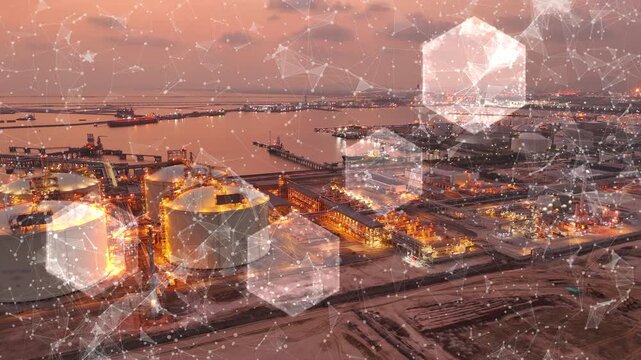 Glowing digital network connections overlaid on an LNG terminal and industrial energy plant at sunset. Smart infrastructure technology, IoT integration, and big data in modern natural gas industry.