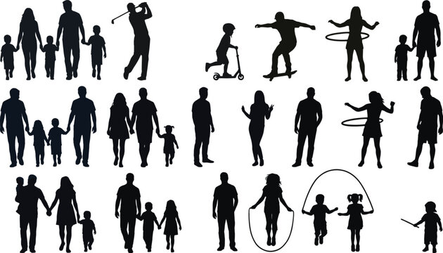 Family and Children Silhouettes Set with Walking Playing Sports Parenting and Everyday Lifestyle Activities Vector Collection