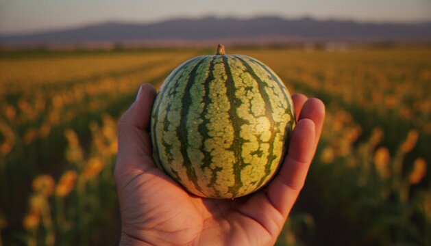 A close-up of a hand holding a small, fresh, striped watermelon in a rural agricultural field during golden hour sunset.