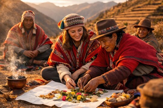 Group gathers on a hillside in the Peruvian Andes to perform a ritual using flowers and herbs to connect with nature during sunset.