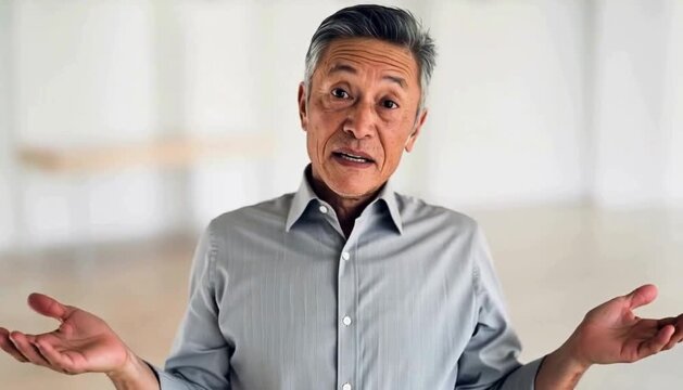 腕組みをして立つシニア男性　明るい室内　ビジネスカジュアル