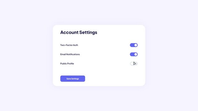 Indigo themed account settings panel showing security and profile options with interactive toggle animations