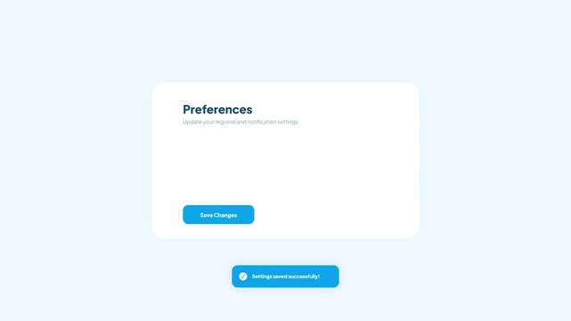 Blue sky themed preferences interface showing save changes button click and success toast notification