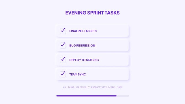 Modern digital task list interface displaying a series of completed project development objectives and team collaboration activities