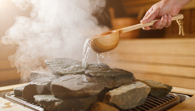 Traditional Sauna Ritual Pouring Water on Hot Stones Relaxation Leisure Concept