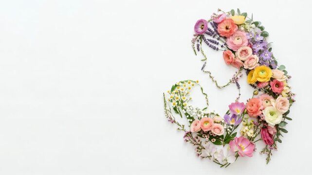 Happy Mothers day poster 2026: A Spring backdrop Mother's Day concept banner with copy space. Minimalist floral silhouette of a mother and baby flat lay