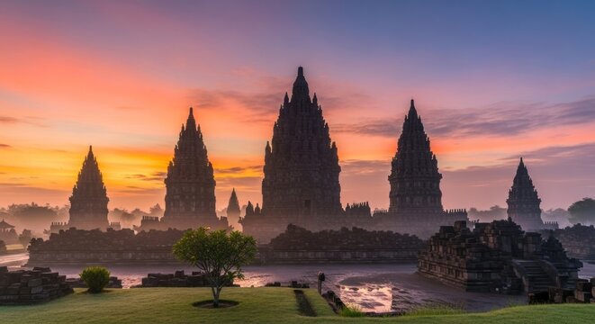 Prambanan Temple Complex Silhouette at Sunrise with Vibrant Sky.