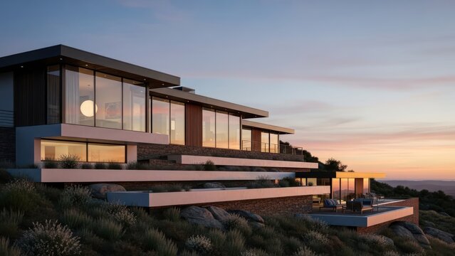 Modern Luxury Villa with Panoramic Ocean Views at Sunset.
