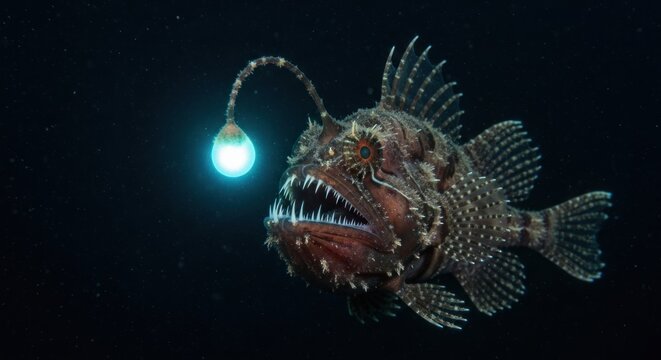 Deep-sea anglerfish with bioluminescent lure in dark ocean depths.