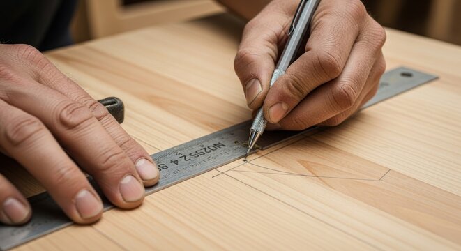 Craftsmans Hands Precisely Measuring and Marking Wood with Ruler and Pencil.