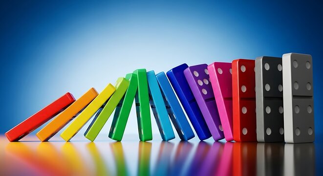 Colorful dominoes falling in a row on a blue background with reflections