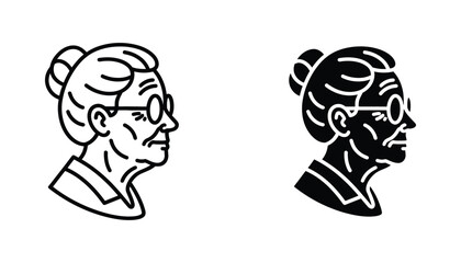 Elderly woman profile portrait icon set featuring grandmother face with glasses in outline and solid black silhouette styles for senior care or lifestyle branding projects isolated on white background © Oliver