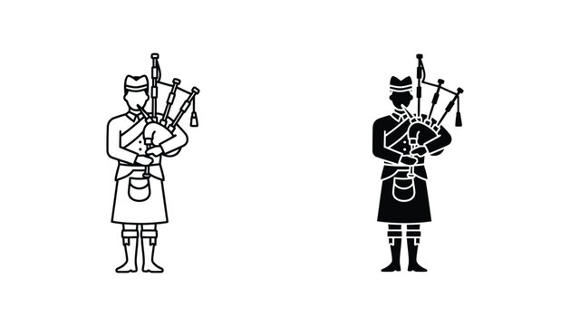 Scottish bagpiper musician playing traditional instrument icon set in outline and solid black silhouette styles for cultural or event branding projects isolated on white background