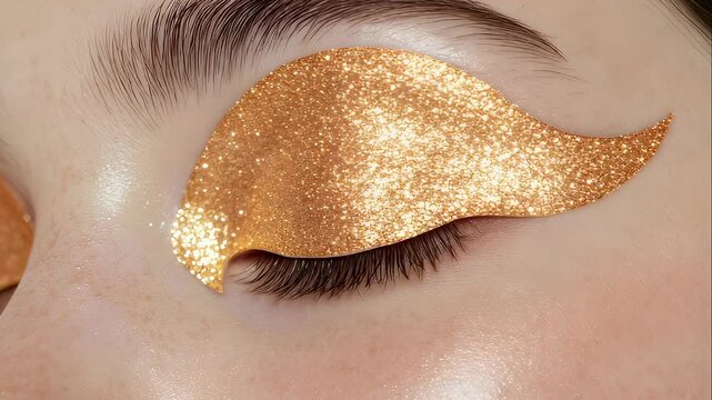 Woman applying gold glitter eye patches for skincare treatment. Beauty routine with hydrogel mask to hydrate and rejuvenate young skin. Cosmetic facial care.
