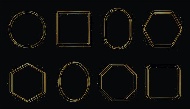 Elegant gold geometric frames set with thin luxury lines and subtle glitter accents. Collection includes circle, square, oval, hexagon and octagon shapes in modern minimal style. Clean decorative bord