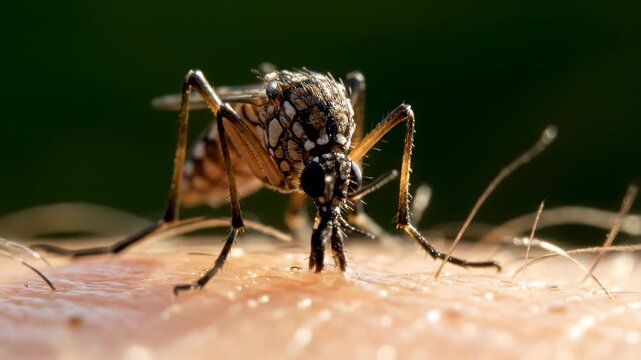 A mosquito is biting human skin to feed outdoors.