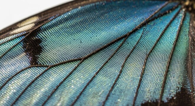 Close-up macro view of a vibrant iridescent blue butterfly wing with intricate patterns and textures.