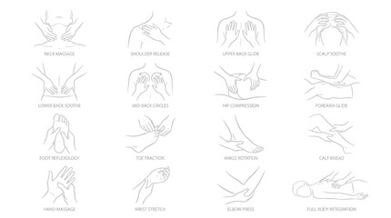 Fototapeta premium Minimalist line art illustrations showing various body massage techniques and therapeutic hand positions on white background, illustrating professional spa, provides wellness guidance