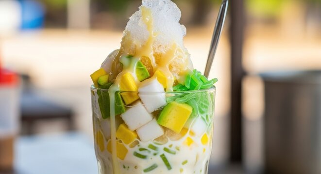 Refreshing Halo-Halo Dessert with Colorful Fruits and Shaved Ice.