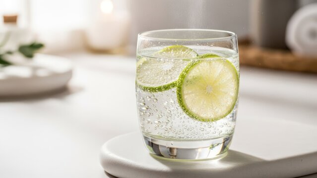 Refreshing Glass of Sparkling Water with Lime Slices on a White Table.