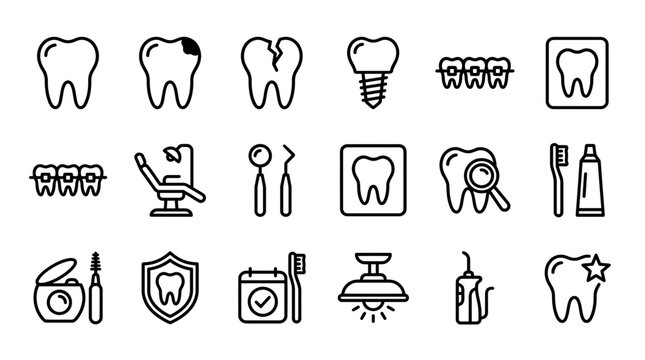 Minimalist dental and stomatology line icons featuring teeth, braces and implants, representing professional oral healthcare services, provides educational graphics for modern clinic marketing