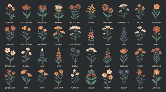 Hand drawn vintage botanical wildflower illustrations with labels on dark background, illustrating educational floral posters and representing sustainable nature branding designs