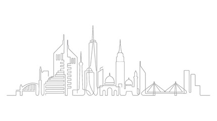 Obraz premium Continuous one line drawing of world landmarks city skyline with modern skyscrapers and bridges on white background, representing global travel and symbolizing modern urban development