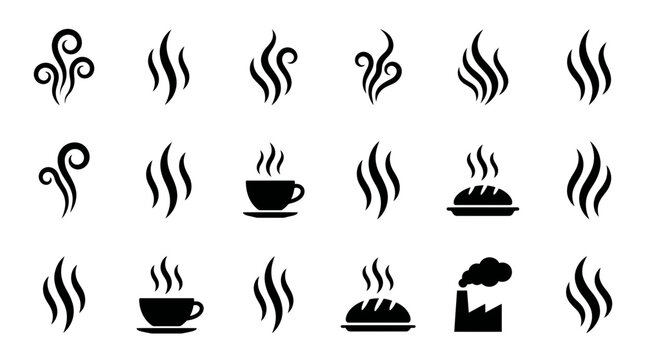 Set of black steam icons and smoke silhouettes of hot coffee cups bread and industrial factory on white background, representing hot food aroma and illustrating industrial pollution