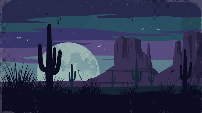 Vintage desert landscape illustration featuring saguaro cactus silhouettes and rock mesas under a large moon at night, symbolizing wild west exploration and providing adventure themes