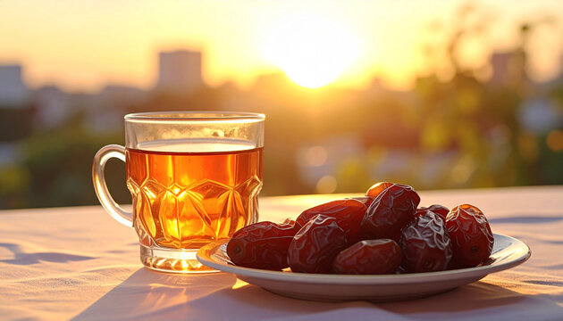 Dadels en thee in het avondzonlicht