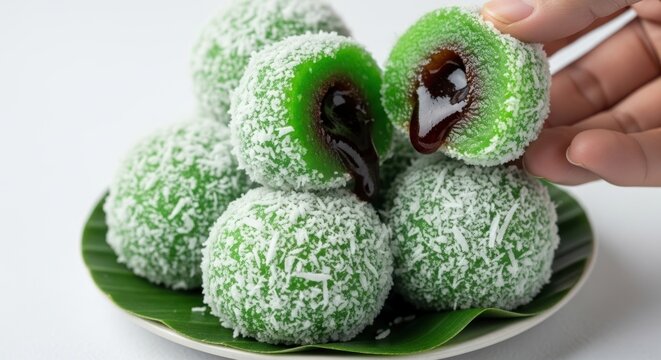Delicious Klepon Indonesian Traditional Dessert with Palm Sugar Filling and Grated Coconut Coating.