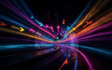 Obraz premium Vibrant neon arrows race through a cosmic tunnel of colorful light