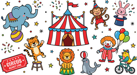 Set of cute cartoon circus characters and elements, carnival tent with elephant, lion, tiger, clown, and monkey  fun festive vector isolated on white background, kid's party clipart collection. © MdRobiul