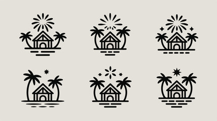 Obraz premium Set of Six Minimalist Tropical Beach Hut and Palm Tree Icons