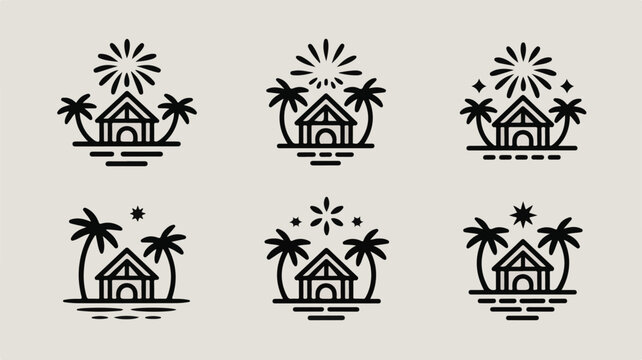 Set of Six Minimalist Tropical Beach Hut and Palm Tree Icons