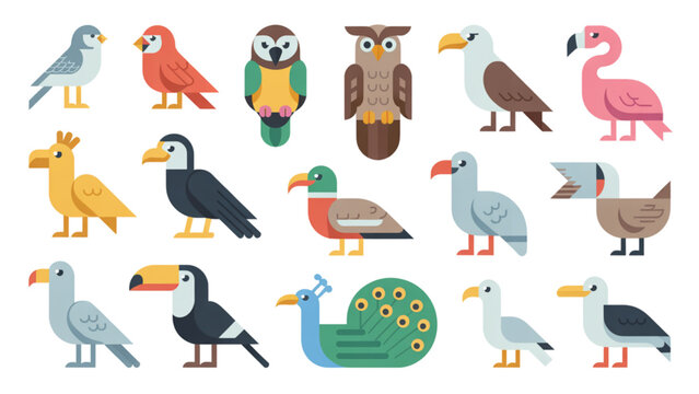 Flat Birds Vector Set Colorful Bird Character Collection on White Background