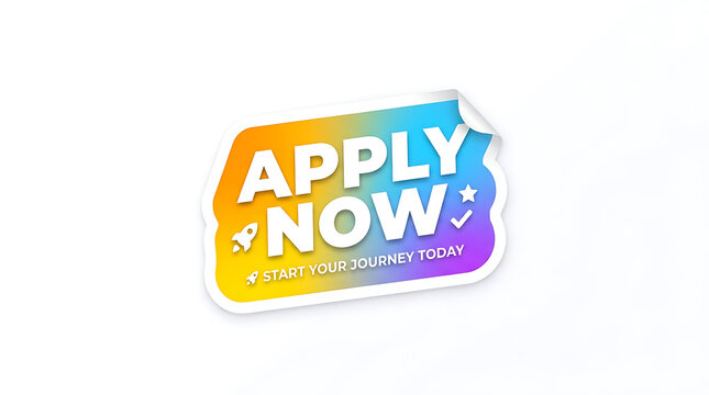 Vibrant apply now sticker with rainbow gradient and white text on white background