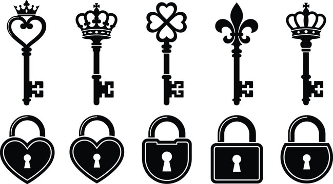 Set of vintage skeleton key silhouettes and heart shaped padlocks, ornate antique decorative keys with crown and clover heads, black vector icons isolated on white background.