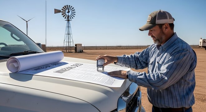 Man Stamping Mineral Deed Document on Truck Hood