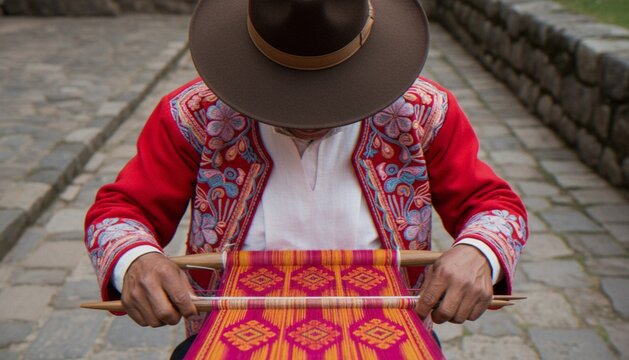 A close-up shot of a person wearing a traditional embroidered jacket and hat, engaged in the craft of weaving a brightly colored patterned textile on a traditional loom in an outdoor setting.