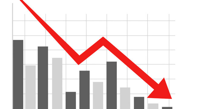 Bar chart with a red arrow showing a downward trend.