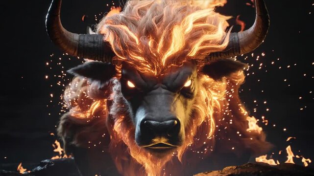 Powerful Fire Bull Beast with Glowing Eyes and Flames