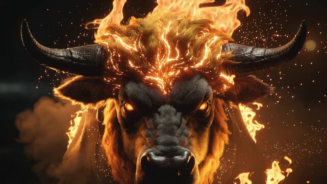 Fiery Bull Monster with Flaming Horns in Dark