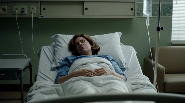 A woman lies in a hospital bed with an IV drip beside her.