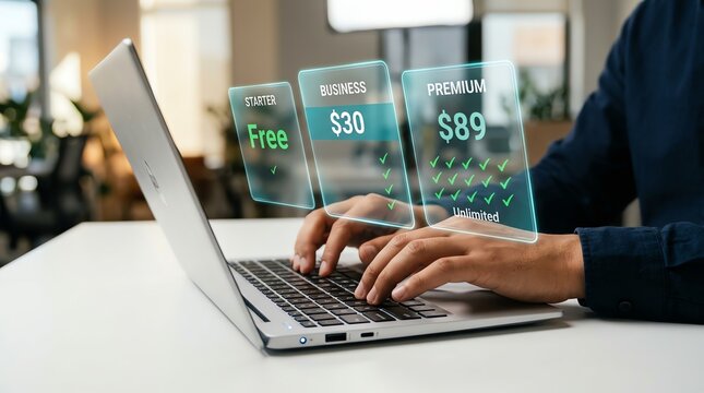 User's hands typing on a laptop, interacting with a futuristic holographic display showing tiered pricing plans for online services or software subscriptions