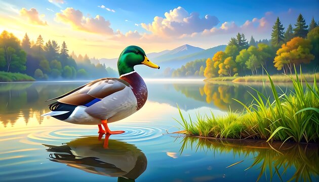 Pixelated mallard duck stands on calm water with misty forest hills and golden sunrise sky, serene nature landscape