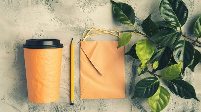 Orange Coffee Cup with Black Lid Potted Green Plant Envelope and Pencil on Light Textured Surface